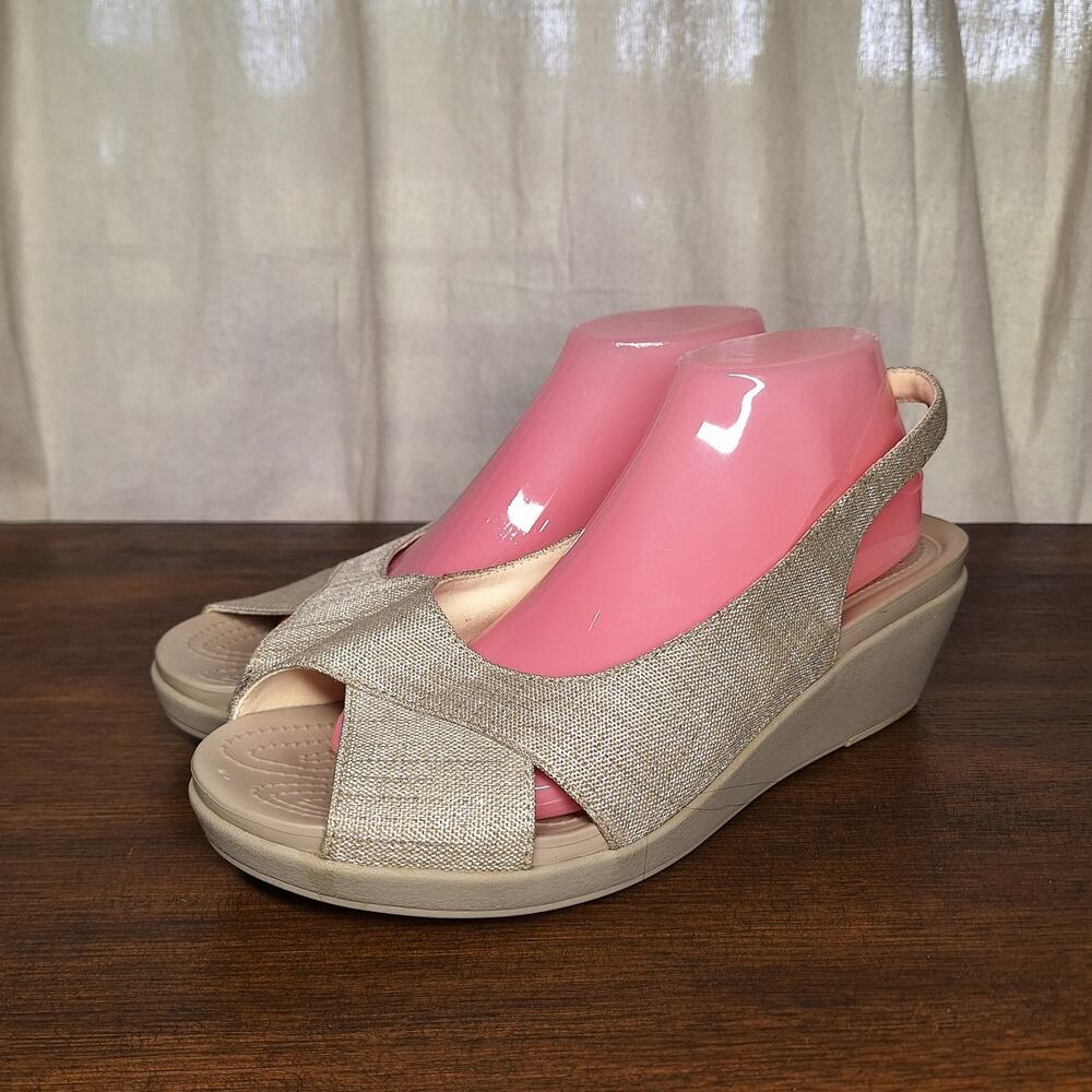 Crocs Leigh Ann Slingback Wedge sandals peep-toe wedge heel beige shimmer 11